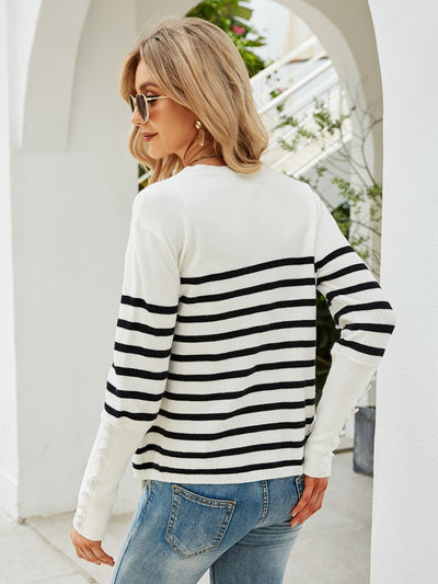 Striped Decorative Button Knit Top - SHE BADDY© ONLINE WOMEN FASHION & CLOTHING STORE