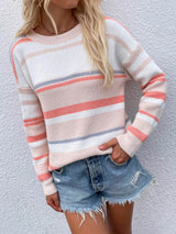 Striped Drop Shoulder Round Neck Pullover Sweater - SHE BADDY© ONLINE WOMEN FASHION & CLOTHING STORE