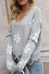 Flower Distressed Ribbed Trim Sweater - SHE BADDY© ONLINE WOMEN FASHION & CLOTHING STORE