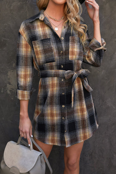 Plaid Tie Waist Button Down Shirt Dress - SHE BADDY© ONLINE WOMEN FASHION & CLOTHING STORE