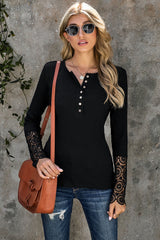 Crochet Lace Hem Sleeve Button Top - SHE BADDY© ONLINE WOMEN FASHION & CLOTHING STORE