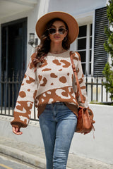 Leopard Ribbed Trim Dropped Shoulder Sweater - SHE BADDY© ONLINE WOMEN FASHION & CLOTHING STORE