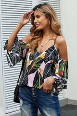 Printed Cold-Shoulder Three-Quarter Flare Sleeve Blouse - SHE BADDY© ONLINE WOMEN FASHION & CLOTHING STORE