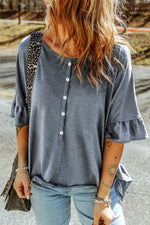 Button Front Flounce Sleeve Tee - SHE BADDY© ONLINE WOMEN FASHION & CLOTHING STORE