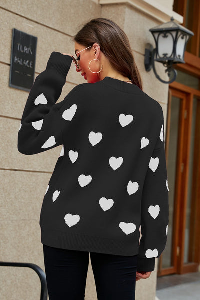 Heart Pattern Lantern Sleeve Round Neck Tunic Sweater - SHE BADDY© ONLINE WOMEN FASHION & CLOTHING STORE