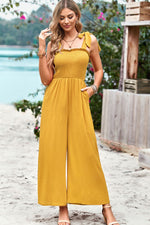 Frill Trim Tie Shoulder Wide Leg Jumpsuit with Pockets - SHE BADDY© ONLINE WOMEN FASHION & CLOTHING STORE