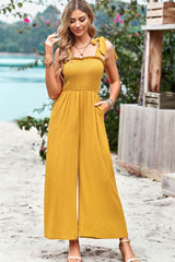 Frill Trim Tie Shoulder Wide Leg Jumpsuit with Pockets - SHE BADDY© ONLINE WOMEN FASHION & CLOTHING STORE