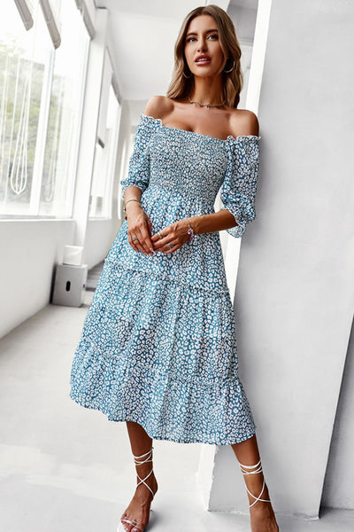 Ditsy Floral Off-Shoulder Smocked Midi Dress - SHE BADDY© ONLINE WOMEN FASHION & CLOTHING STORE