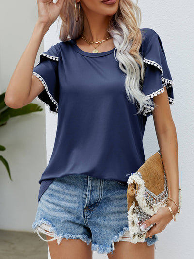 Pom-Pom Trim Flutter Sleeve Round Neck Tee - SHE BADDY© ONLINE WOMEN FASHION & CLOTHING STORE