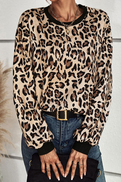 Leopard Round Neck Dropped Shoulder Sweatshirt - SHE BADDY© ONLINE WOMEN FASHION & CLOTHING STORE