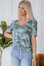 Camouflage Two-Tone V-Neck Tee - SHE BADDY© ONLINE WOMEN FASHION & CLOTHING STORE
