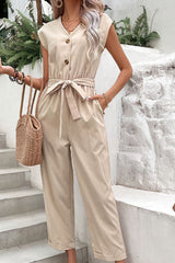 Capped Sleeve Belted V-Neck Jumpsuit - SHE BADDY© ONLINE WOMEN FASHION & CLOTHING STORE