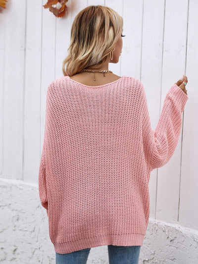 Rib-Knit Drop Shoulder V-Neck Pullover Sweater - SHE BADDY© ONLINE WOMEN FASHION & CLOTHING STORE