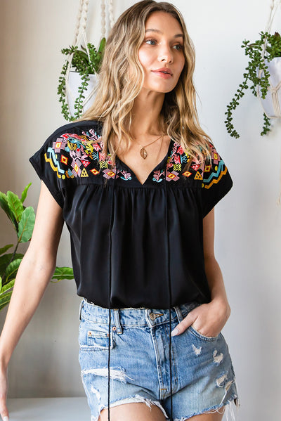 Embroidered Tie-Neck Tassel Blouse - SHE BADDY© ONLINE WOMEN FASHION & CLOTHING STORE