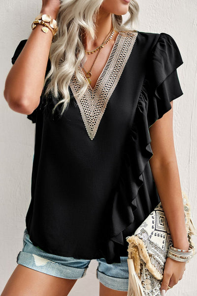 Contrast Ruffle Trim Flutter Sleeve Blouse - SHE BADDY© ONLINE WOMEN FASHION & CLOTHING STORE