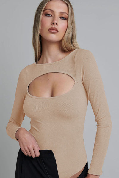 Cutout Ribbed Long Sleeve Bodysuit - SHE BADDY© ONLINE WOMEN FASHION & CLOTHING STORE