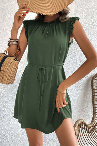 Ruffled Tie-Waist Keyhole Dress - SHE BADDY© ONLINE WOMEN FASHION & CLOTHING STORE