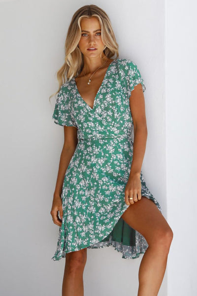 Floral Surplice Neck Flutter Sleeve Dress - SHE BADDY© ONLINE WOMEN FASHION & CLOTHING STORE