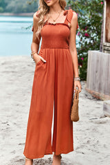 Frill Trim Tie Shoulder Wide Leg Jumpsuit with Pockets - SHE BADDY© ONLINE WOMEN FASHION & CLOTHING STORE