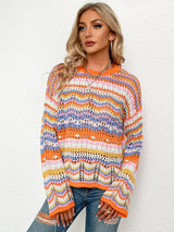 Rainbow Stripe Openwork Flare Sleeve Knit Top - SHE BADDY© ONLINE WOMEN FASHION & CLOTHING STORE