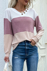 Color Block Waffle Knit Button Detail Top - SHE BADDY© ONLINE WOMEN FASHION & CLOTHING STORE