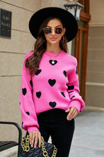 Heart Pattern Lantern Sleeve Round Neck Tunic Sweater - SHE BADDY© ONLINE WOMEN FASHION & CLOTHING STORE