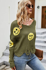 Smiley Face Distressed Round Neck Sweater - SHE BADDY© ONLINE WOMEN FASHION & CLOTHING STORE