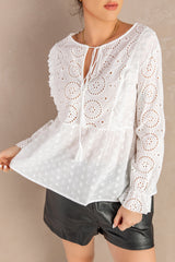 Eyelet Tie-Neck Long Flounce Sleeve Peplum Blouse - SHE BADDY© ONLINE WOMEN FASHION & CLOTHING STORE