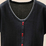 Contrast Decorative Button Short Sleeve Knit Top - SHE BADDY© ONLINE WOMEN FASHION & CLOTHING STORE