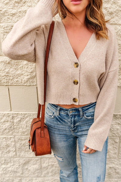 Button Down V-Neck Cropped Cardigan - SHE BADDY© ONLINE WOMEN FASHION & CLOTHING STORE