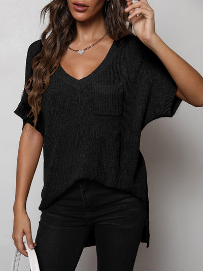 V-Neck Slit High-Low Knit Top - SHE BADDY© ONLINE WOMEN FASHION & CLOTHING STORE