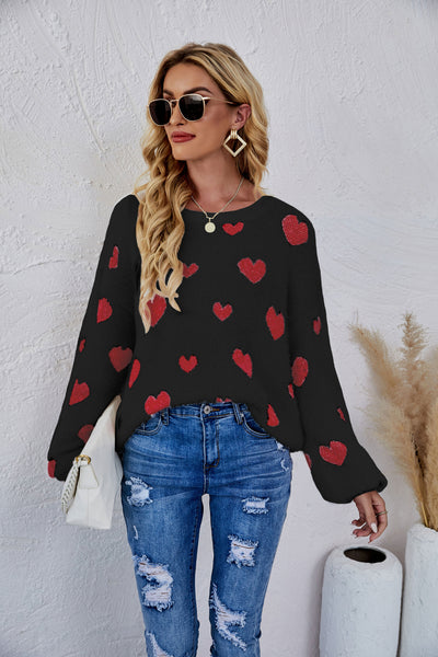 Heart Print Fuzzy Crewneck Long Sleeve Sweater - SHE BADDY© ONLINE WOMEN FASHION & CLOTHING STORE