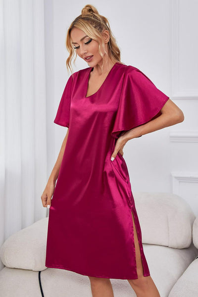 Satin Flutter Sleeve Side Slit V-Neck Night Dress - SHE BADDY© ONLINE WOMEN FASHION & CLOTHING STORE