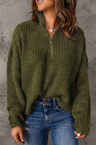 Half Zip Rib-Knit Dropped Shoulder Sweater - SHE BADDY© ONLINE WOMEN FASHION & CLOTHING STORE