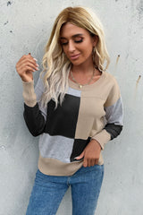 Color Block Ribbed Trim Round Neck Knit Pullover - SHE BADDY© ONLINE WOMEN FASHION & CLOTHING STORE