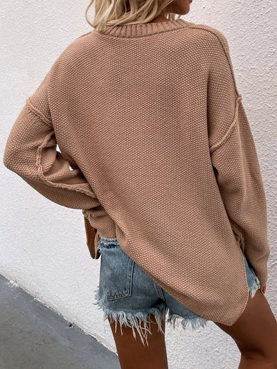 Buttoned Exposed Seam High-Low Sweater - SHE BADDY© ONLINE WOMEN FASHION & CLOTHING STORE