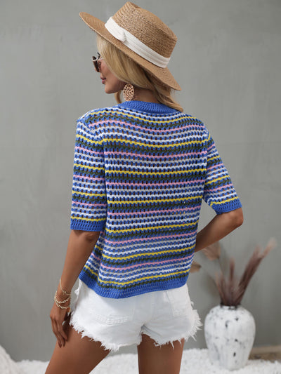 Striped Openwork Half Sleeve Knit Top - SHE BADDY© ONLINE WOMEN FASHION & CLOTHING STORE