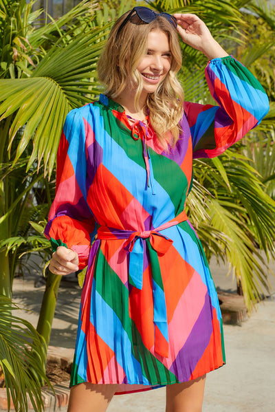 Multicolored Tie-Waist Pleated Balloon Sleeve Dress - SHE BADDY© ONLINE WOMEN FASHION & CLOTHING STORE