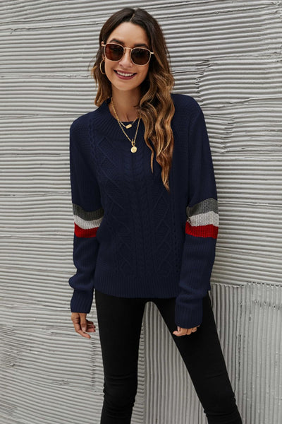 Feeling You Best Striped Cable-Knit Round Neck Sweater - SHE BADDY© ONLINE WOMEN FASHION & CLOTHING STORE