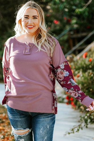 Plus Size Floral Exposed Seam Quarter-Button Henley Top - SHE BADDY© ONLINE WOMEN FASHION & CLOTHING STORE