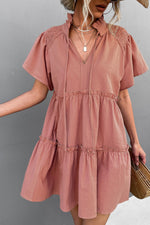 Frill Trim Smocked Tie Neck Dress - SHE BADDY© ONLINE WOMEN FASHION & CLOTHING STORE