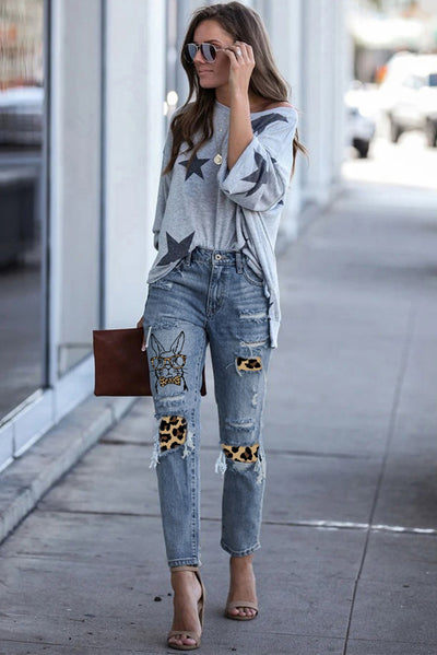 Easter Leopard Patch Bunny Graphic Jeans - SHE BADDY© ONLINE WOMEN FASHION & CLOTHING STORE