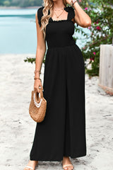 Frill Trim Tie Shoulder Wide Leg Jumpsuit with Pockets - SHE BADDY© ONLINE WOMEN FASHION & CLOTHING STORE