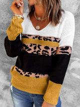 Leopard Color Block V-Neck Rib-Knit Sweater - SHE BADDY© ONLINE WOMEN FASHION & CLOTHING STORE