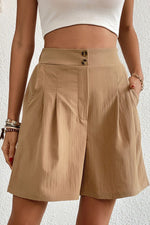 Buttoned Elastic Waist Pleated Detail Shorts - SHE BADDY© ONLINE WOMEN FASHION & CLOTHING STORE