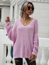 Rib-Knit Drop Shoulder V-Neck Pullover Sweater - SHE BADDY© ONLINE WOMEN FASHION & CLOTHING STORE