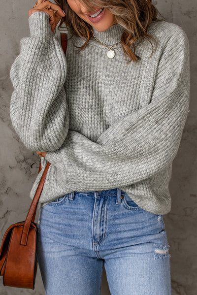 Heathered Balloon Sleeve Rib-Knit Sweater - SHE BADDY© ONLINE WOMEN FASHION & CLOTHING STORE