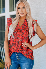 Floral Flutter Sleeve Notched Neck Blouse - SHE BADDY© ONLINE WOMEN FASHION & CLOTHING STORE