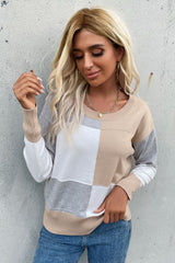 Color Block Ribbed Trim Round Neck Knit Pullover - SHE BADDY© ONLINE WOMEN FASHION & CLOTHING STORE