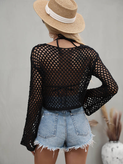 Openwork Flare Sleeve Cropped Cover Up - SHE BADDY© ONLINE WOMEN FASHION & CLOTHING STORE
